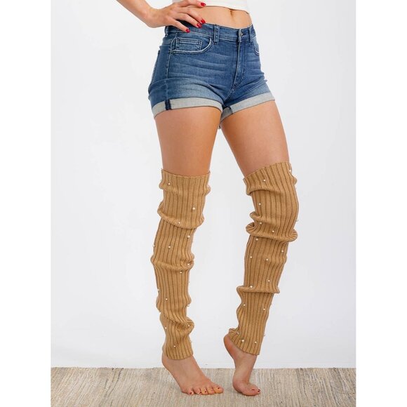 Women's Pearl Detailed Ribbed Knit Leg Warmers Color Beige One size - Picture 2 of 3